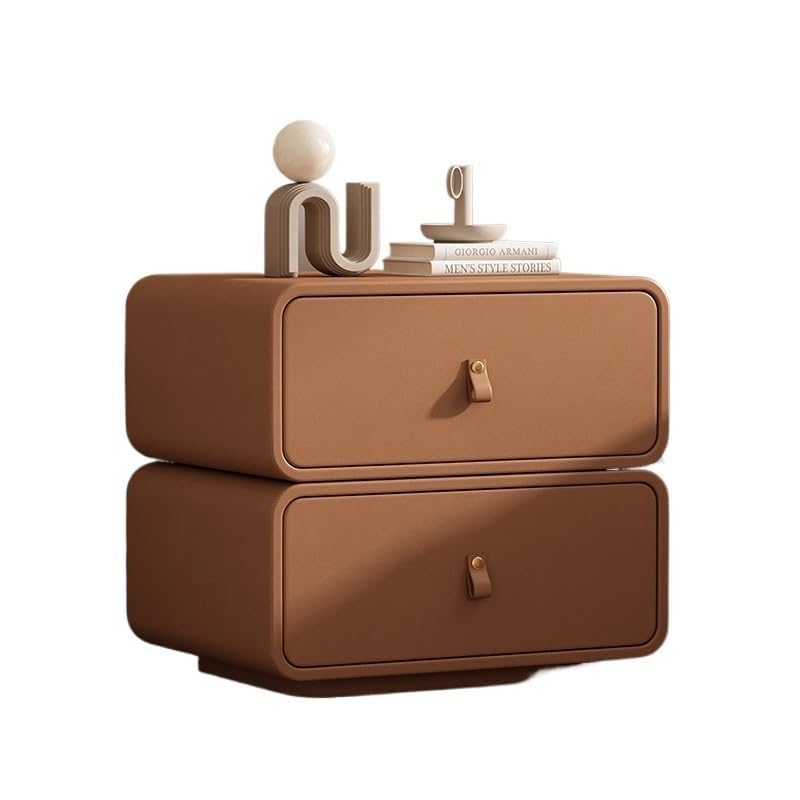 Modern Rounded Leather Nightstand with Storage Cabinet