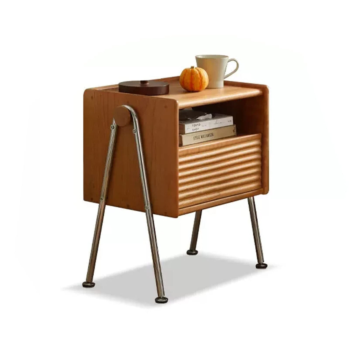 Vintage Solid Wood Nightstand with Metal Legs & Open Shelf
