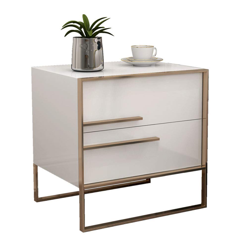 Double-Drawer Bedside Nightstand with Wicker Storage Basket