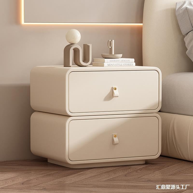Modern Rounded Leather Nightstand with Storage Cabinet
