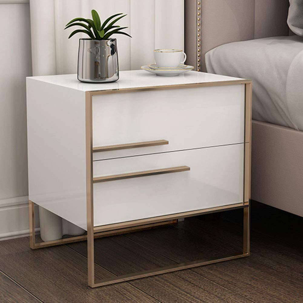 Double-Drawer Bedside Nightstand with Wicker Storage Basket