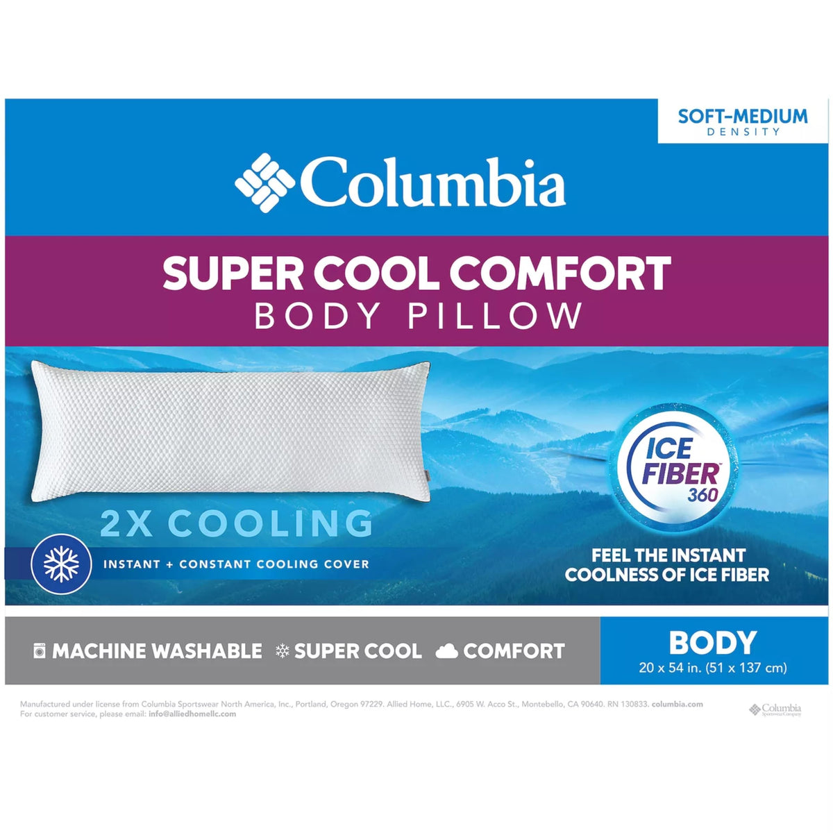 Columbia Comfort Body Pillow with Ice Fiber Cooling Cover